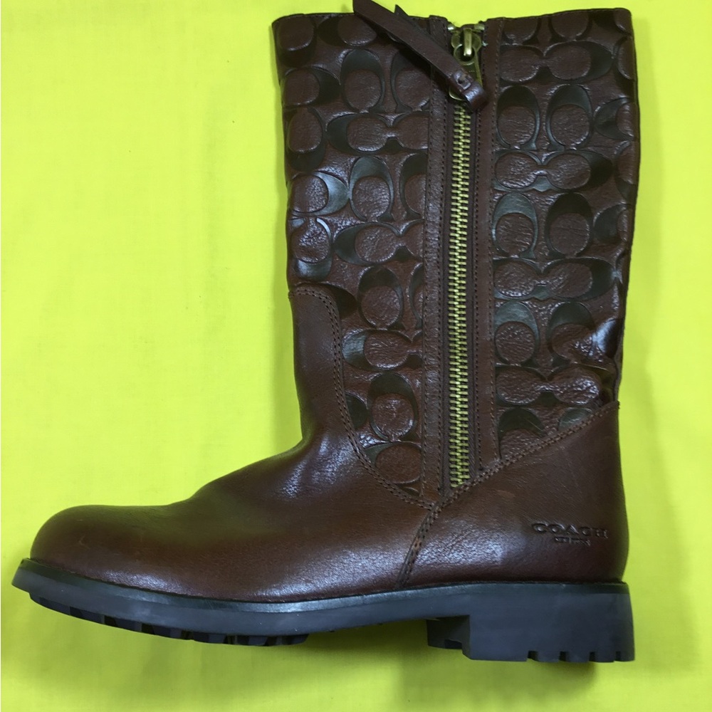 Coach Brown Leather Valentine Mid-Calf Logo-Embossed Boot with Gold-Zip SZ 8 - Picture 1 of 12